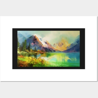 Majestic Peaks and Serene Lakes: A Vibrant Mountain Landscape Oil Painting #3 Posters and Art